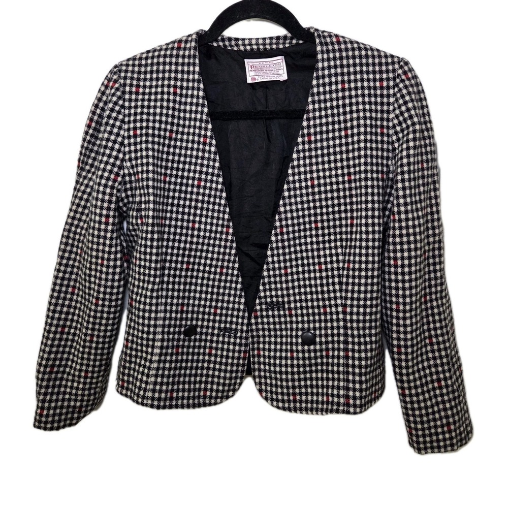 Pendleton Petite Wool Blazer Jacket Womens 6 Black White Houndstooth USA Made